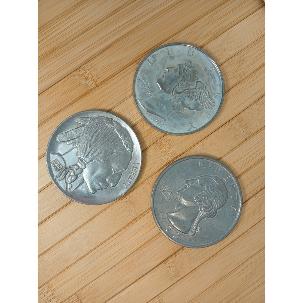 Vintage Set of 3 Oversized Novelty Metal Coins Buffalo Nickel Mercury Dime 1972